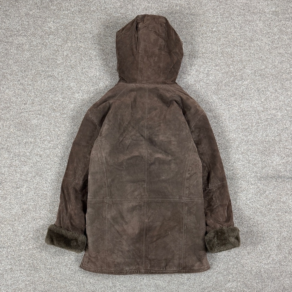 St John’s Bay Brown Washable Suede Leather Zip Jacket Women’s L Hooded Fur Lined - Picture 2 of 8